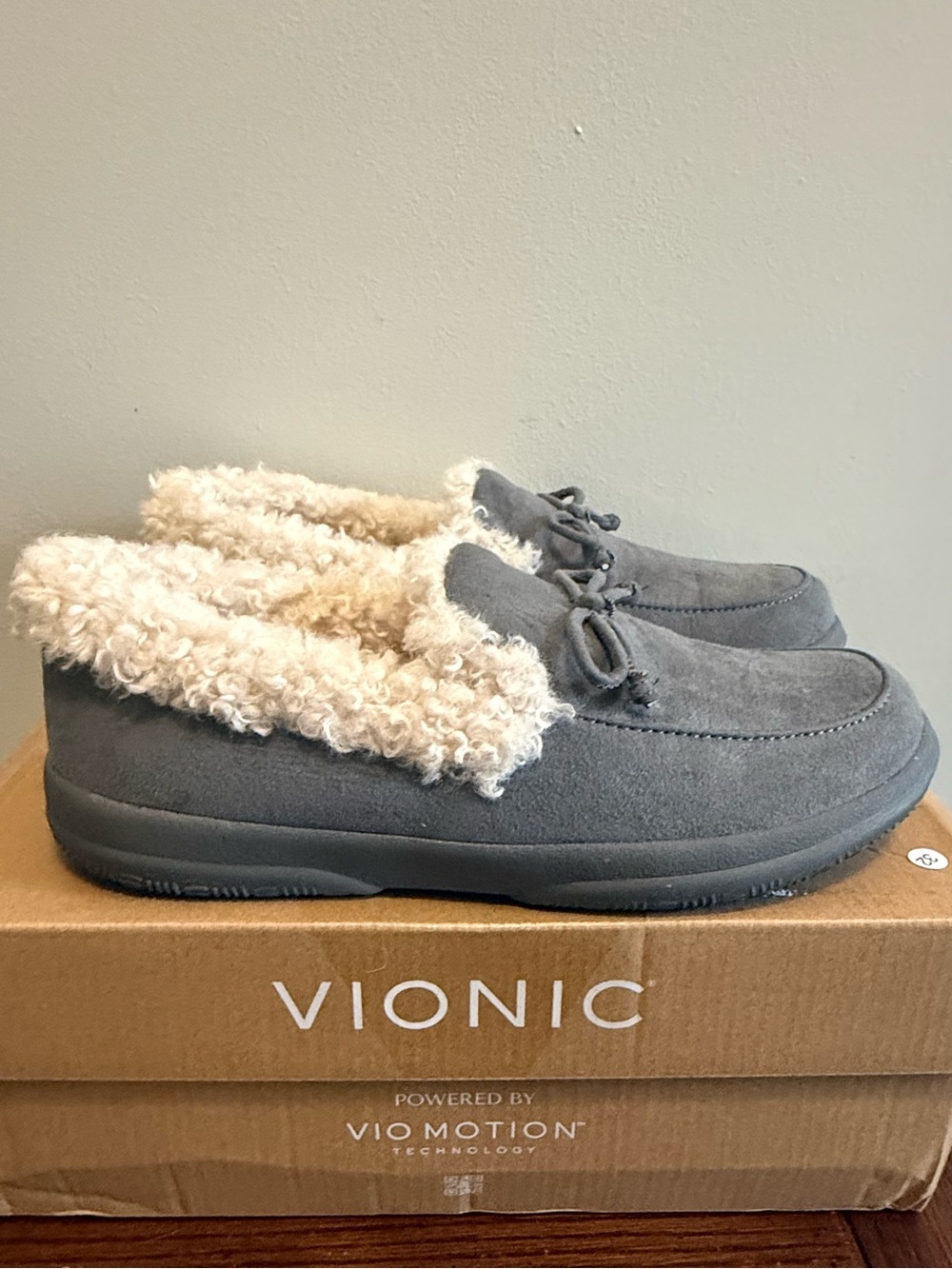 Vionic Claribel Gray Suede Slip-On Moccasins with Cream Shearling Trim